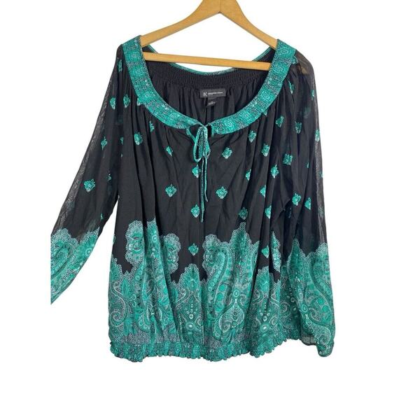INC 3X Tunic Blouse Top Black Sheer Gauzy Sleeve Peasant Boho Chiffon Paisley - Picture 1 of 9